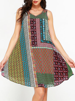 Gracila Bohemian Women Printed Patchwork Sleeveless Loose Dresses