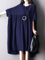 Gracila Casual Loose Irregular Button Bat Sleeve O-neck Dress For Women