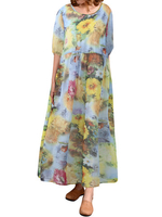 Gracila Chiffon Casual Women O-Neck Short Sleeve Print Dresses