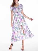 Gracila Floral Print Split Short Sleeve V-neck Maxi Dress For Women