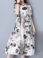 Gracila Folk Loose Printed Pocket Short Sleeve V Neck Dresses For Women