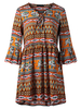 Gracila Folk Style Print Lace-up 3/4 Sleeve V-neck Dress For Women