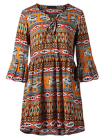 Gracila Folk Style Print Lace-up 3/4 Sleeve V-neck Dress For Women
