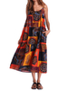 Gracila Folk Style Print Patchwork Spaghetti Strap O-neck Women Dress