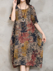 Gracila Folk Vintage Forest Print Loose Waist O Neck Dresses For Women