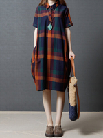 Gracila Plaid Short Sleeve Lapel Vintage Women Loose Dresses