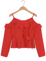 Gracila Polka Dots Spaghetti Strap Off Shoulder Long Sleeve Shirts