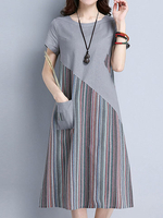 Gracila Striped Patchwork O Neck Short Sleeve Pocket Dresses