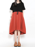 Gracila Vintage Casual Women Short Sleeve Patchwork Dresses