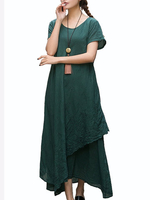 Gracila Vintage Embroidered Short Sleeve O-neck Long Maxi Dresses