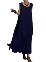 Gracila Vintage Layered Irregular Sleeveless O-neck Maxi Dress For Women