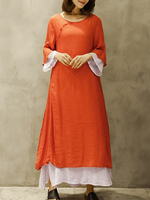 Gracila Vintage Long Sleeve Two Layers Maxi Dresses For Women