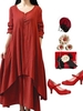 Gracila Vintage Women Long Sleeve V-Neck Irregular Maxi Dresses