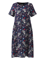 Gracila Women Casual Printed O-Neck Short Sleeve Loose Dresses