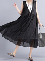 Gracila Women Fake Two Pieces Sleeveless Vintage Loose Dresses