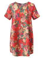 Gracila Women Loose Floral Printed V-Neck Short Sleeve Casual Dresses