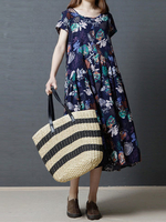Gracila Women Short Sleeve Printed O-Neck Vintage Dresses