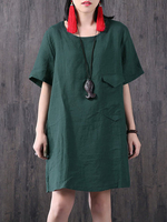 Gracila Women Short Sleeve Pure Color Pocket O-neck Dresses