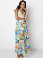 Gracila Women Spaghetti Strap V-Neck Backless Floral Printed Chiffon Maxi Dresses