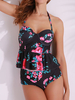 Halter Two-sided Striped Flower Printed High Elastic Conservative Bathing Suits