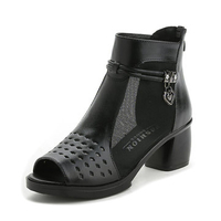 Hollow Breathable Fish Mouth Block Heel Mid Heel Zipper Leather Sandals