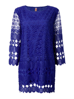 Hollow Out Lace Long Sleeve Round Neck Loose Mini Dress