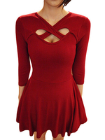 Hollow Out Pleated Solid V-Neck A-Line Sexy Women Mini Dress