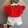 Hollow Short Sleeve O-neck T-shirt With Shorts Suit For Kids Girls
