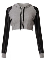 Hooded Drawstring Midriff Baring Patchwork Long Sleeve Women Hoodie