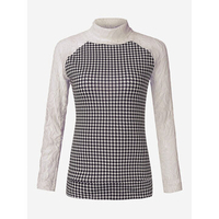Houndstooth Knit Patchwork Turtleneck Long Sleeve Women Sweater