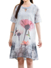 Ink Printed Elegant Floral Hollow Out Chiffon Vintage Women Dress
