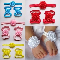 Kids Baby Girl Infants Flower Barefoot Sandals Floral Hairwear Headband Photography Props Set