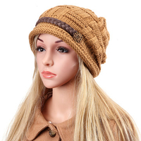 Knit Crochet Buttons Strap Cap Decorative Braids Baggy Beanie Hat