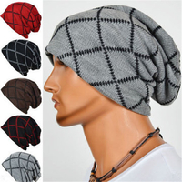 Korean Male Double Layer Elastic Outdoor Cap Grid Twill Square Knitted Slouch Beanie Hat