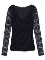 Lace Hollow Out Low-cut V Neck Stretch Bottom Slim Women Blouse