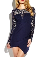 Lace Patchwork Cross Wrap Hem Long Sleeve O-neck Women Mini Dress