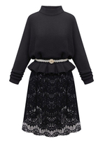 Lace Patchwork Turtleneck Knit Dress With Belt