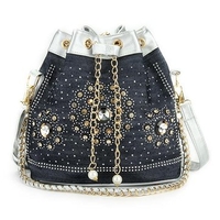 Ladies Denim Bucket Bags Handbag Pearl Chain Messenger Bag Sling Bag