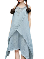 Layer Asymmetric Solid Sleeveless Stitching Irregular Hem O-neck Vintage Dress