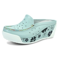 Leather Flower Pattern Slip On Open Heel Platform Rocker Sole Shoes