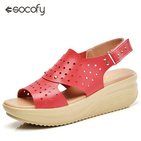 Leather Hollow Out Breathable Button Buckel Platform Soft Comfortable Sandals