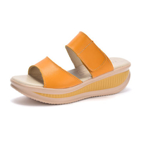 Leather Pure Color Peep Toe Platform Wedge Heel Hook Loop Sandals