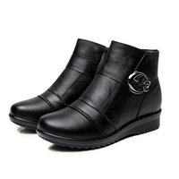 Leather Soft Buckle Fur Lining Warm Ankle Black Flat Boots