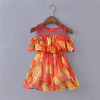Lemon Pattern Cold Shoulder Patchwork Dress For Kids Girls