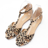 Leopard Leather T Strap Buckle Cover Toe Flat Sandals Shoes