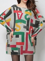 Letter Printed Pullover Knit Long-Sleeve Loose Sweater Dress