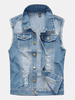 Light Blue Denim Korean Style Slim Fit Hole Ripped Vest for Men