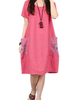 Linen Pocket O-Neck Short-Sleeve Loose Vintage Dress