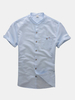 Linen Short Sleeves Solid Color Chest Pocket Breathable Stand Collar Dress Shirt for Men