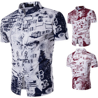 Linen Tang Hand Printing National Style Stand Collar Short Sleeves Shirt for Men